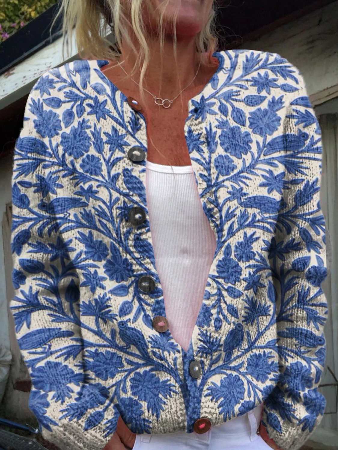 Indian Art Floral Vintage Art Print Buttoned Cardigan Sweater