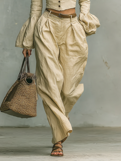 Women's Retro Linen-like Fabric Stand-up Collar Single-breasted Shirt Trousers Two-piece Set