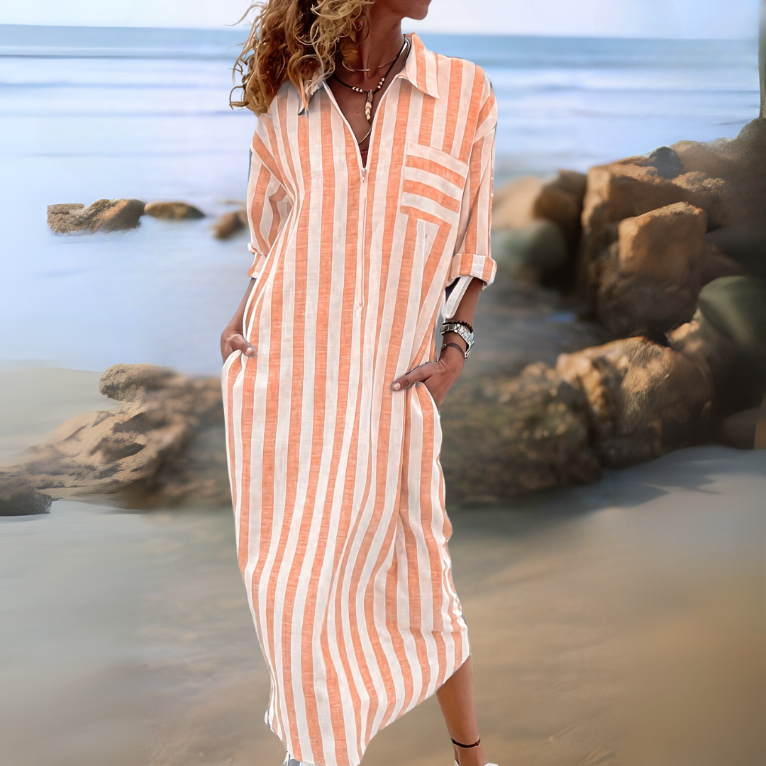 Joyce | Chic Cotton Dress with Stripes and V-Neckline