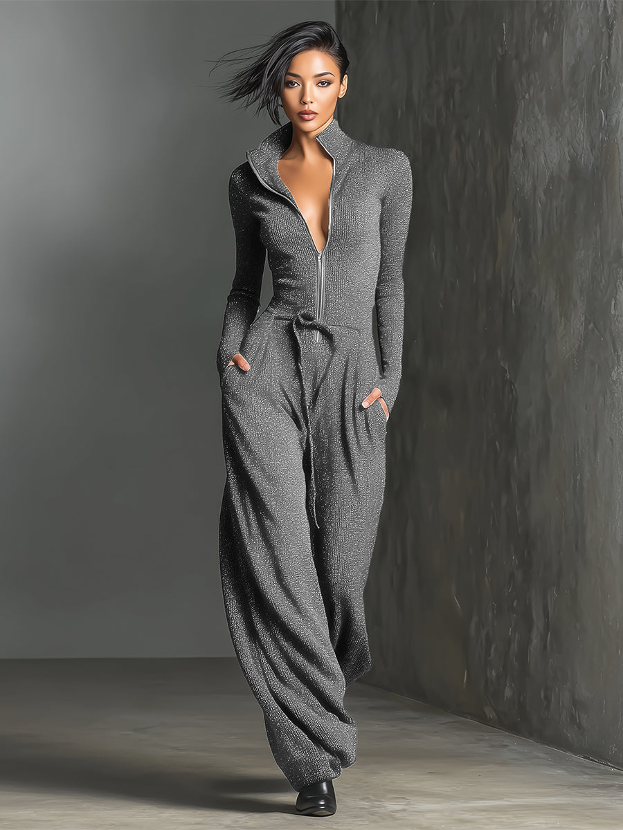 Women's Elegant Knit Sparkling Zipper Front Jumpsuit