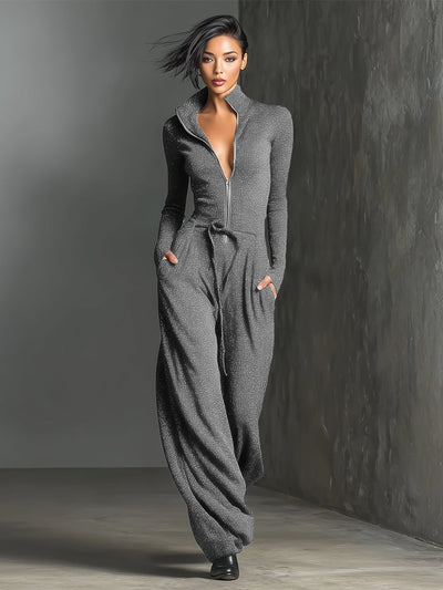 Women's Elegant Knit Sparkling Zipper Front Jumpsuit
