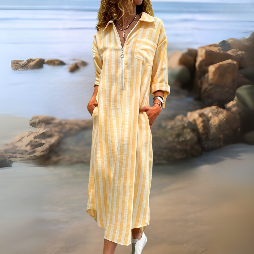 Joyce | Chic Cotton Dress with Stripes and V-Neckline