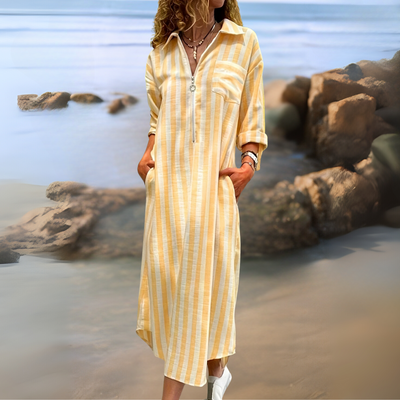 Joyce | Chic Cotton Dress with Stripes and V-Neckline