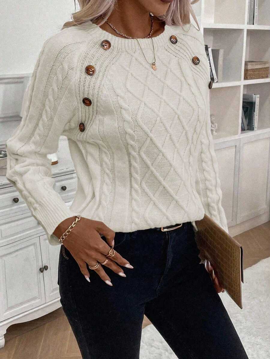 Clara | Ladies’ Button-Detail Cable Knit Jumper