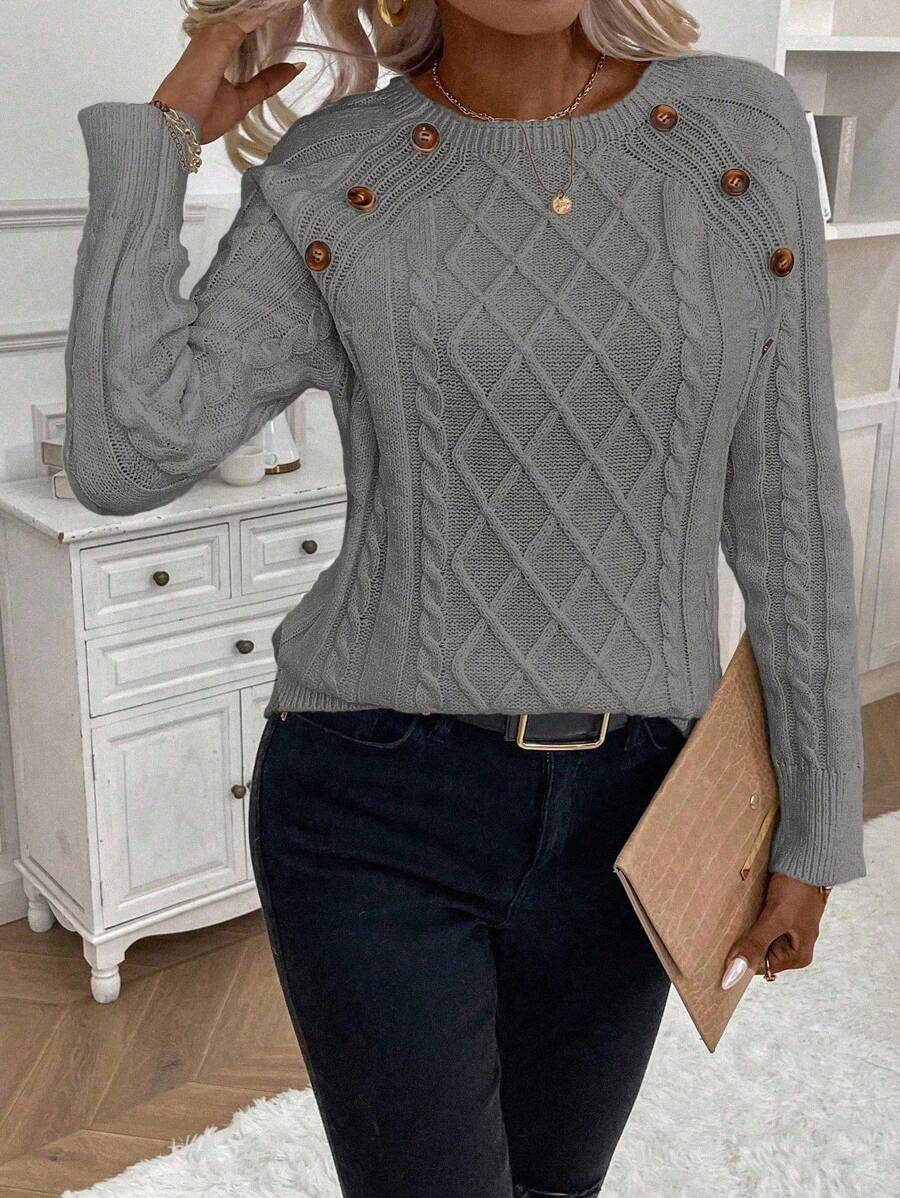 Clara | Ladies’ Button-Detail Cable Knit Jumper