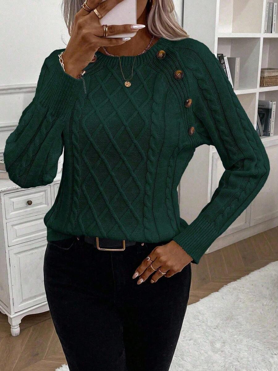 Clara | Ladies’ Button-Detail Cable Knit Jumper