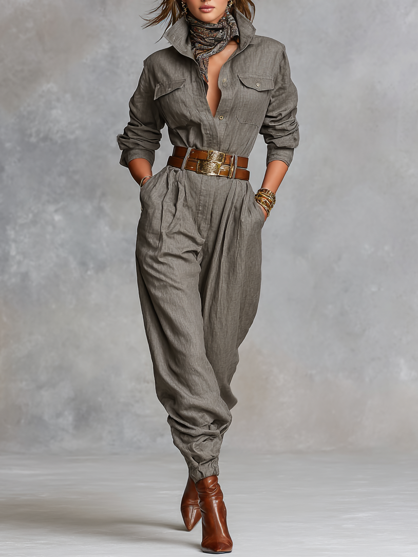 Women's Cotton And Linen Blended Long Sleeve Shirt Jumpsuit