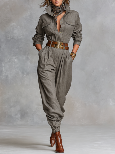 Women's Cotton And Linen Blended Long Sleeve Shirt Jumpsuit