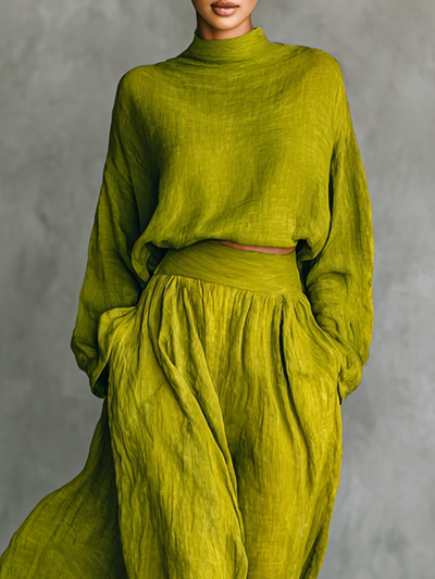Women's Green Turtleneck Cotton And Linen Blend Suit
