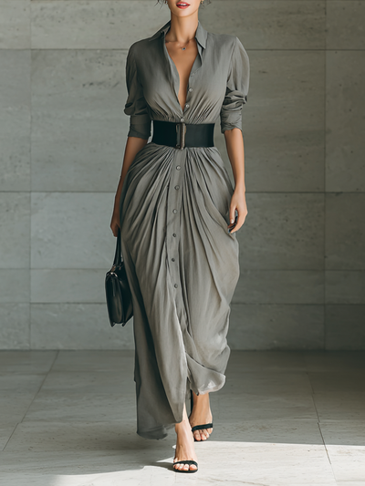 Ladies Lapel Long Sleeve Single Breasted Belt Maxi Dress
