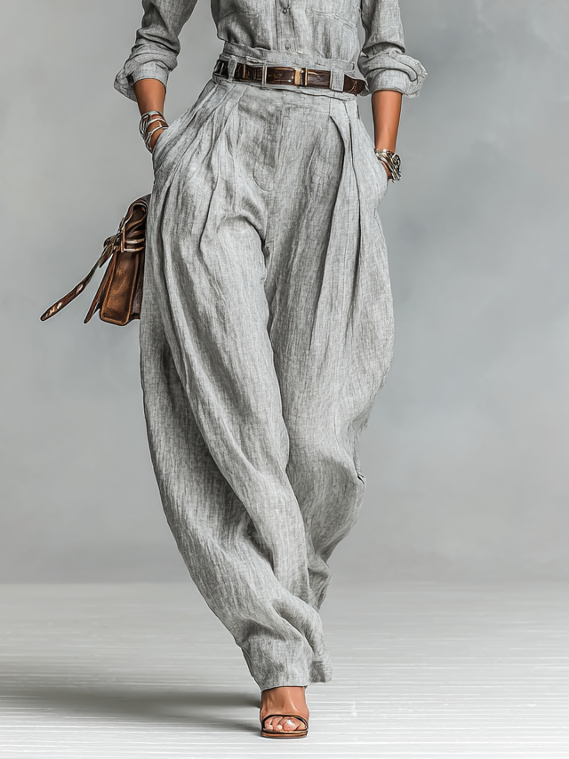 Women's Cotton-linen Blend Long-sleeved Shirt And Trousers Two-piece Set (belt Not Included)