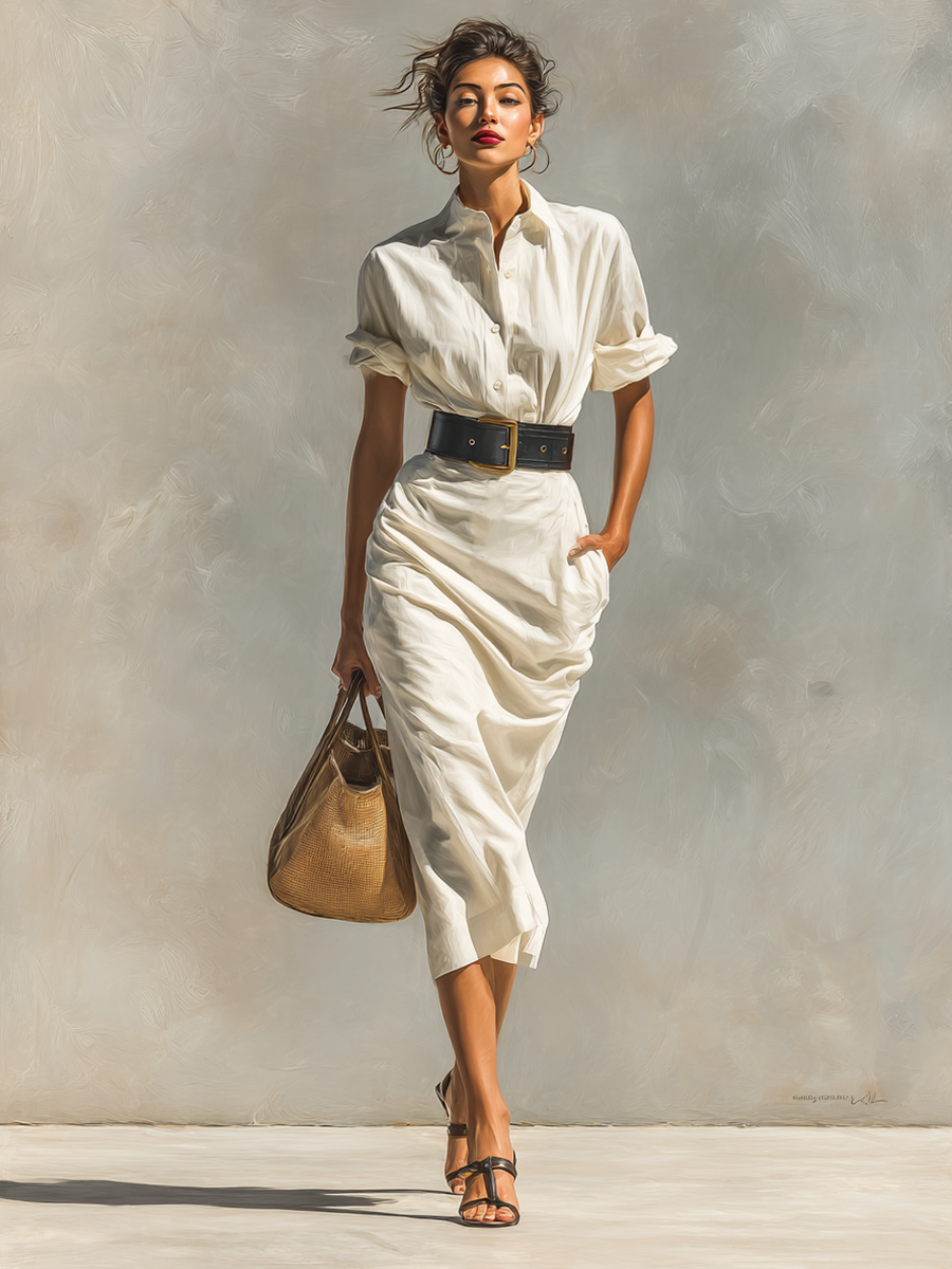 Ladies Solid Color Lapel Short Sleeve Belt Midi Dress