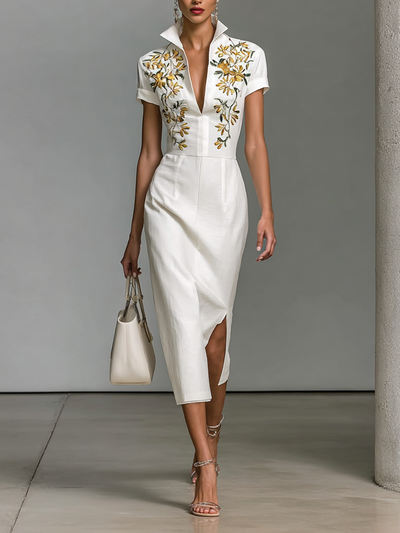 Women's Embroidered V-Neck Short Sleeve Waist Midi Dress