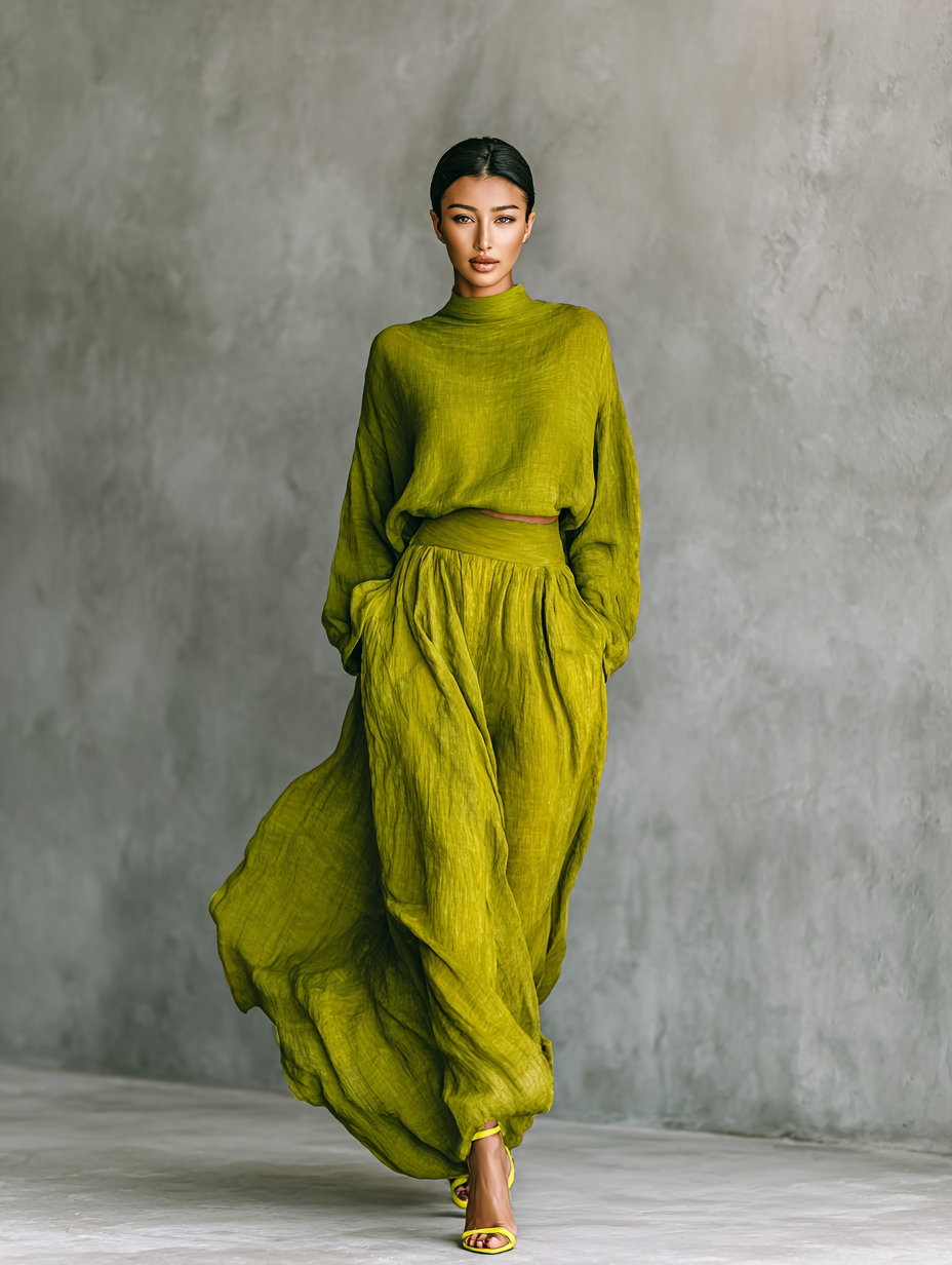 Women's Green Turtleneck Cotton And Linen Blend Suit