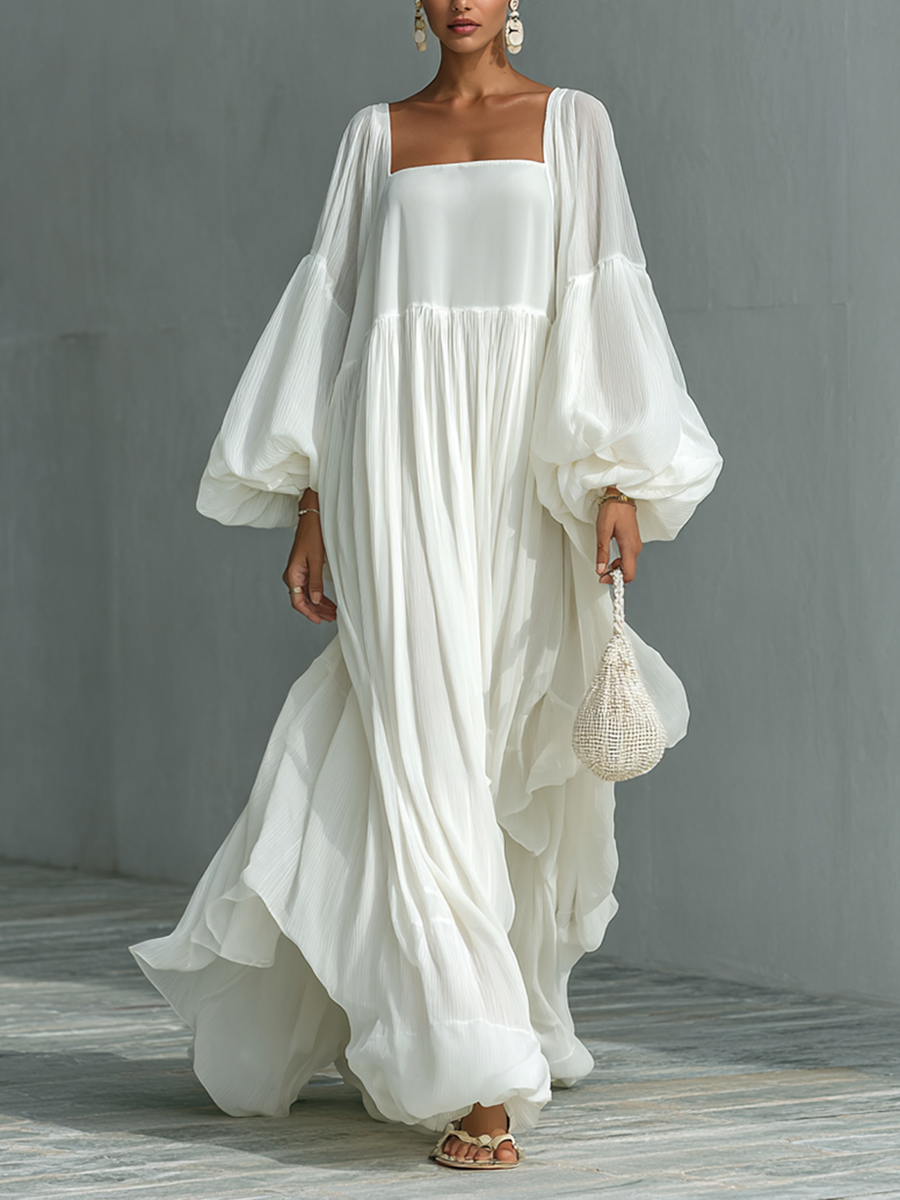 Women's Loose Lapel Lantern Sleeve Pleated Maxi Dress