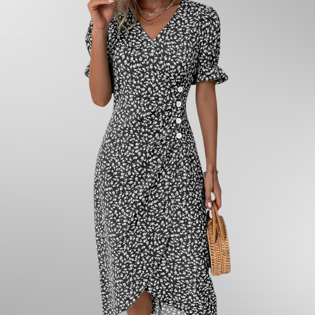 Joana | Floral Midi Dress with V-Neckline and Short Sleeves