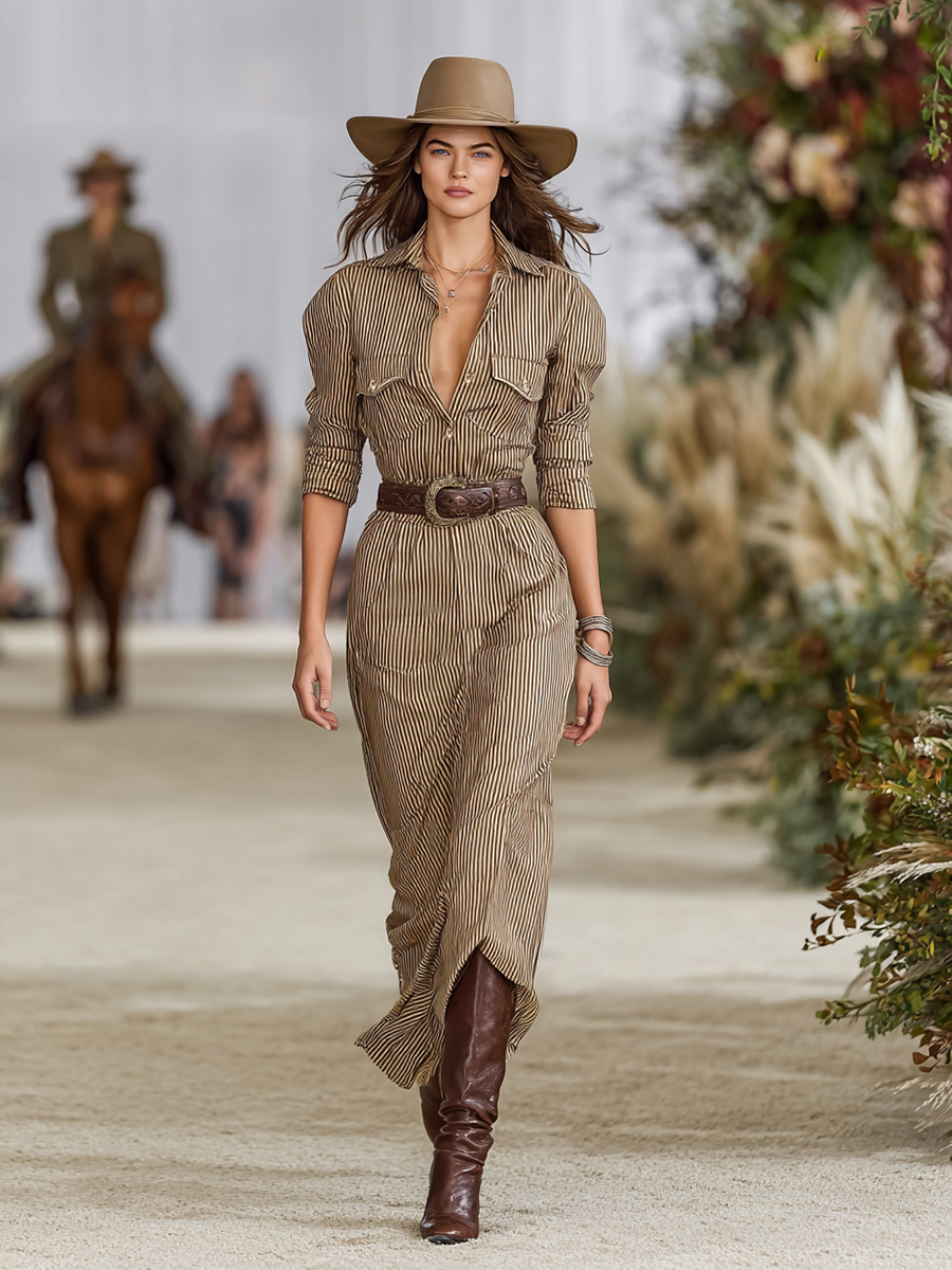 Women's Striped Lapel Single-breasted Long-sleeved Waist Maxi Dress (without Belt)