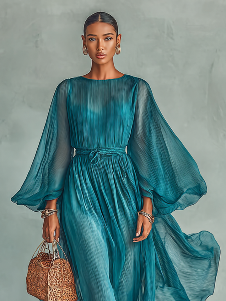 Women's Chiffon Round Neck Long Sleeve Waist Drawstring Maxi Dress