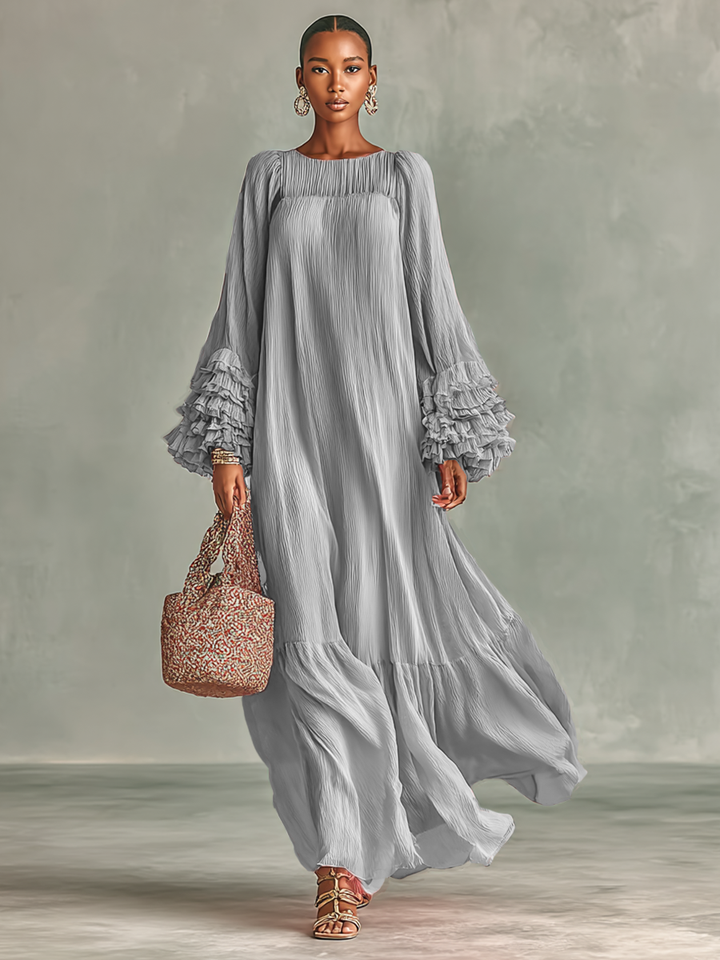 Women's Loose Pleated Chiffon Round Neck Long Sleeves Cuffs Ruffle Maxi Dress