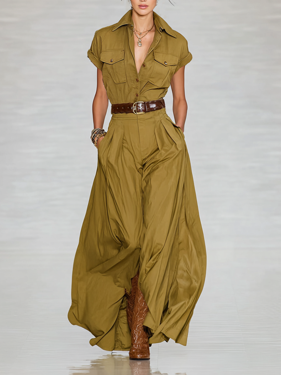 Women's Cotton Blend Lapel Single-breasted Short-sleeved Shirt Maxi Dress