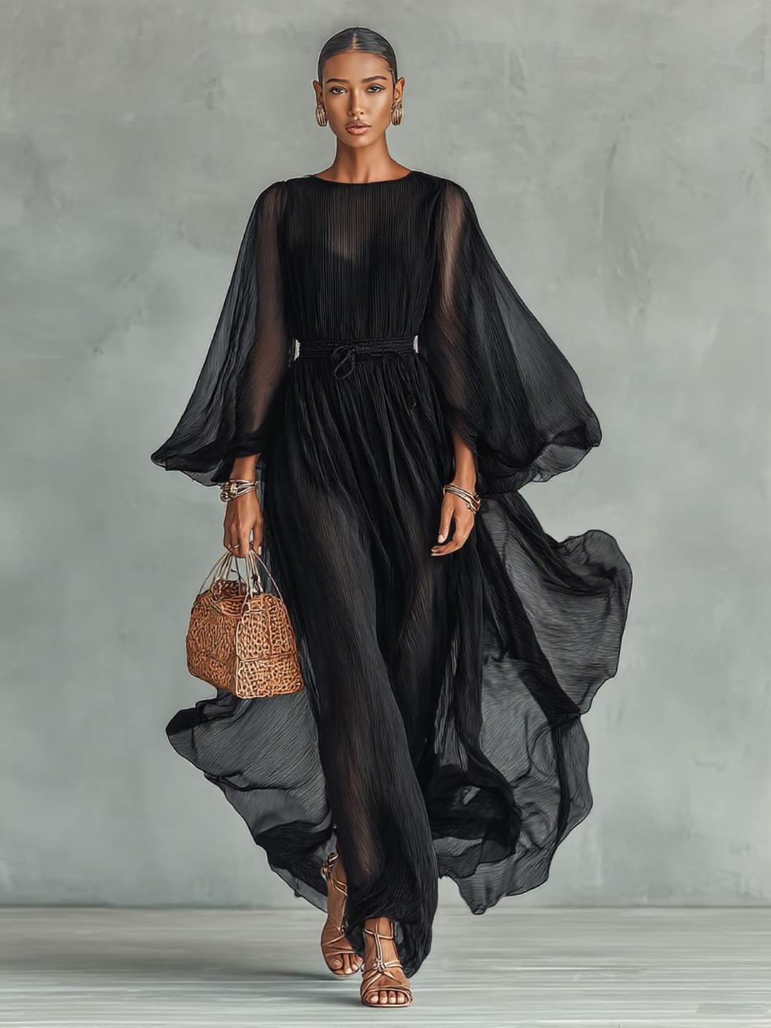 Women's Chiffon Round Neck Long Sleeve Waist Drawstring Maxi Dress