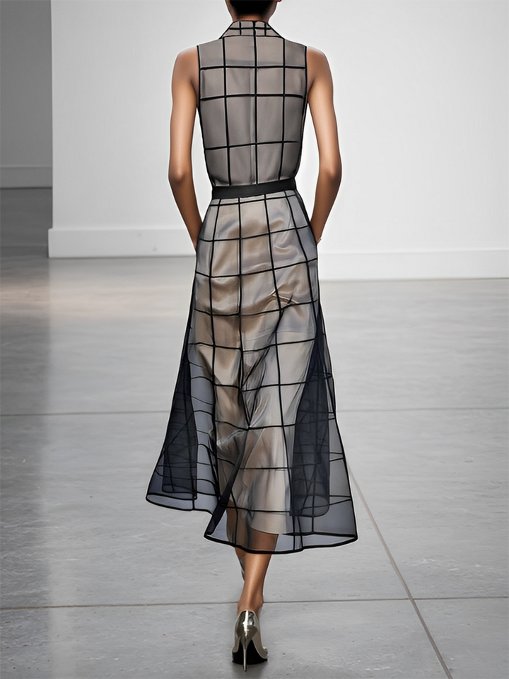 Women's Checkered Tulle Lapel Sleeveless Belted Maxi Dress