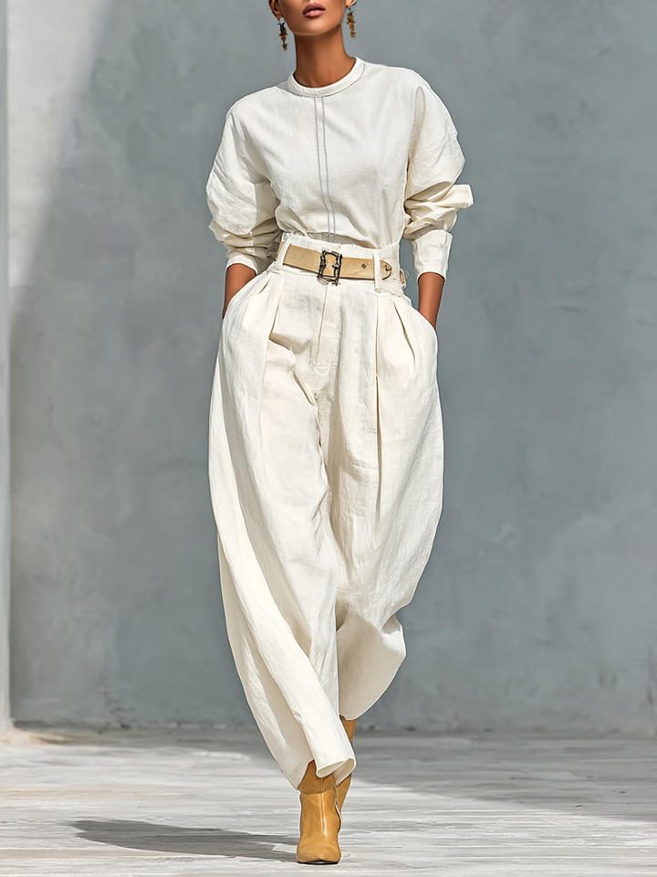 Women's Fashion Cotton And Linen Blend Crew Neck Long Sleeve Shirt Loose Trousers Set (belt Not Included)