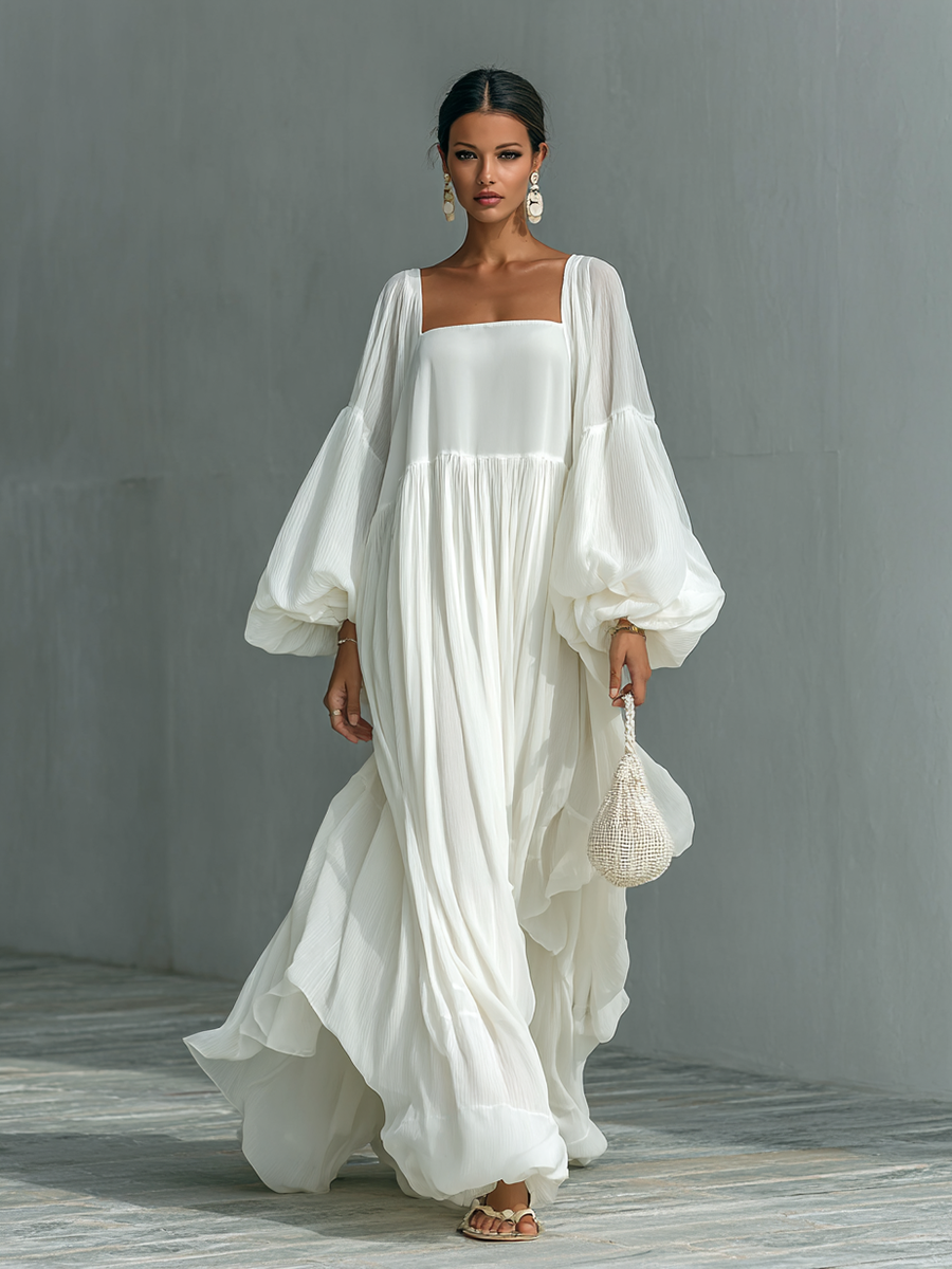 Women's Loose Lapel Lantern Sleeve Pleated Maxi Dress