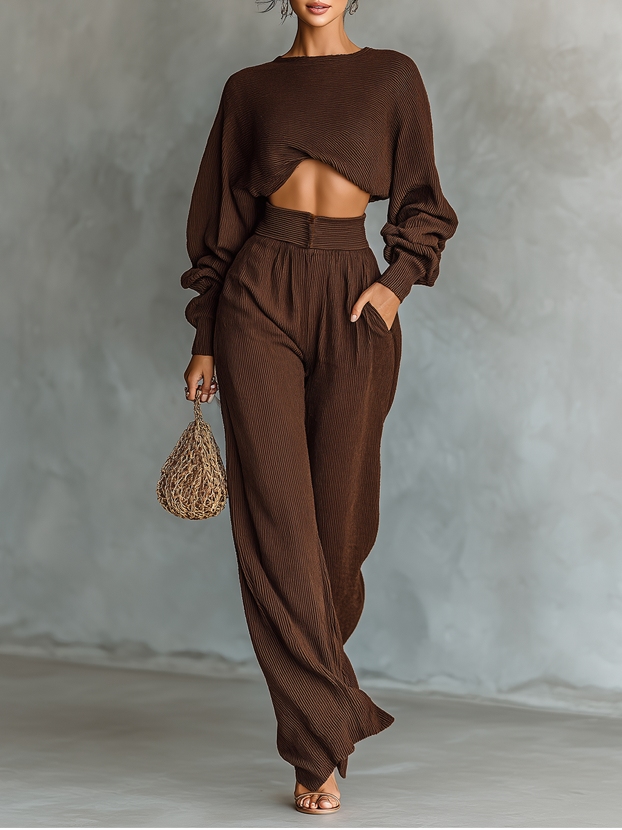 Women's Coffee-colored Short Top And Wide-leg Pants Knitted Set