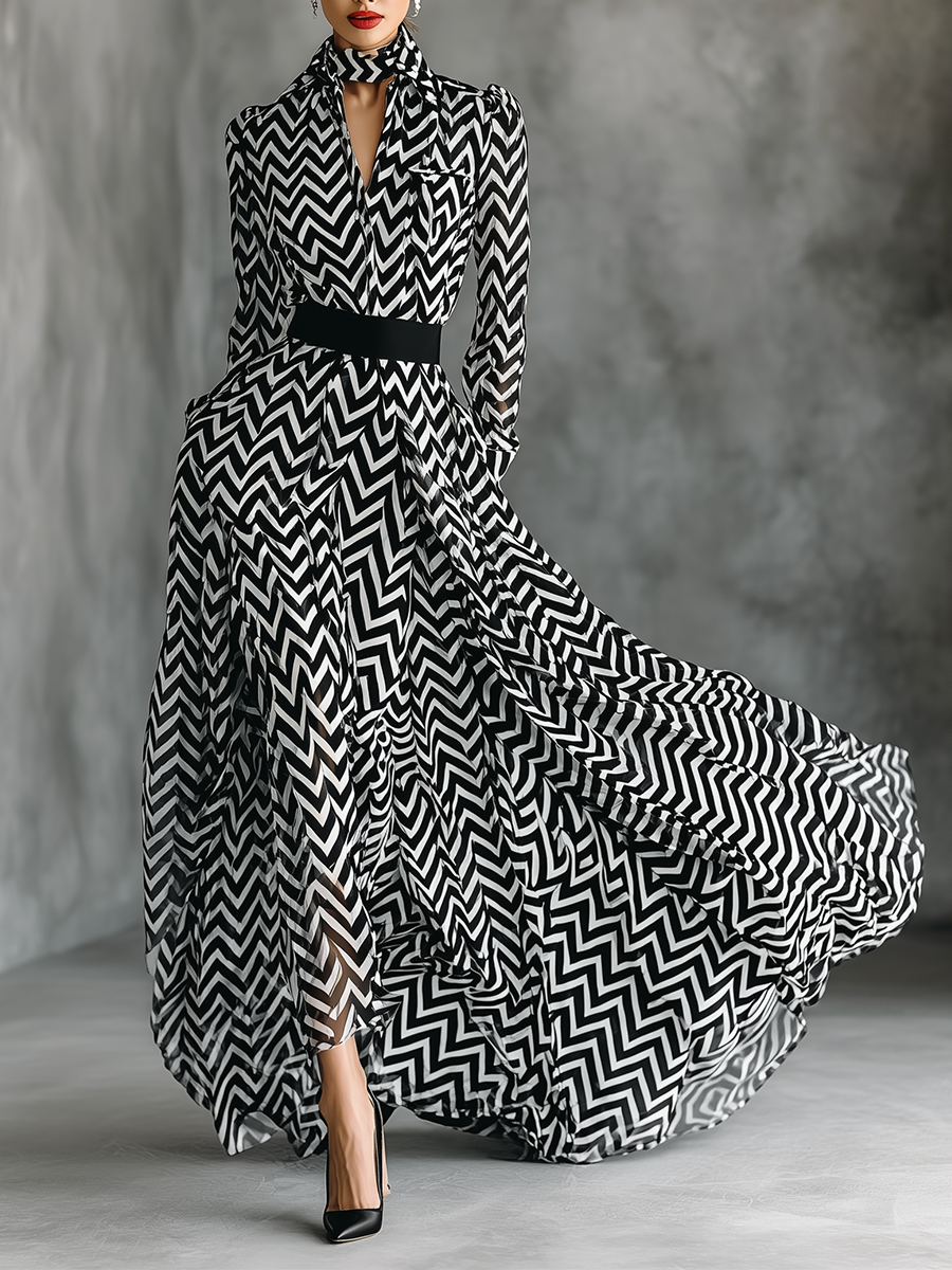 Women's Black And White Herringbone Chiffon Tie-Up Maxi Dress