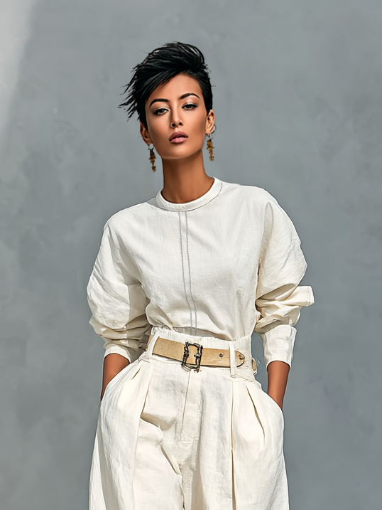 Women's Fashion Cotton And Linen Blend Crew Neck Long Sleeve Shirt Loose Trousers Set (belt Not Included)
