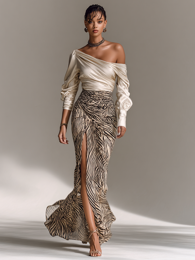Women's Satin Off-shoulder Long-sleeved Top With Zebra Print Hip-wrapped Slit Skirt Two-piece Set