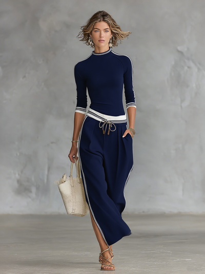 Women's Sports Half-high-neck Long-sleeved T-shirt Drawstring Wide-leg Pants Two-piece Set