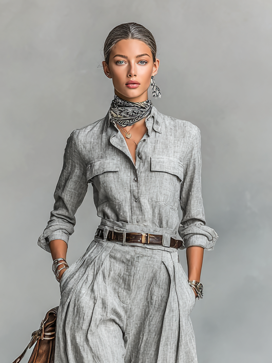 Women's Cotton-linen Blend Long-sleeved Shirt And Trousers Two-piece Set (belt Not Included)