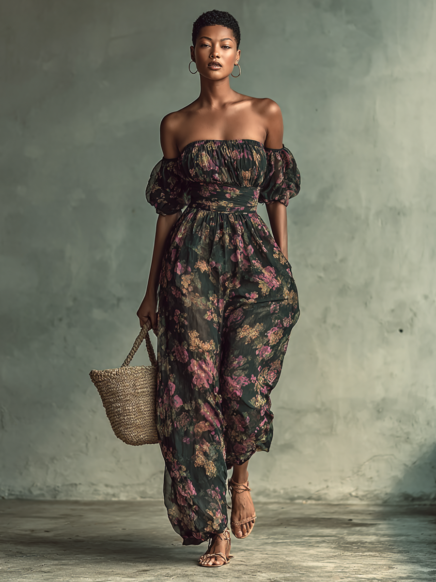 Women's Chiffon Floral Print Bandeau Short Sleeve Waist Jumpsuit