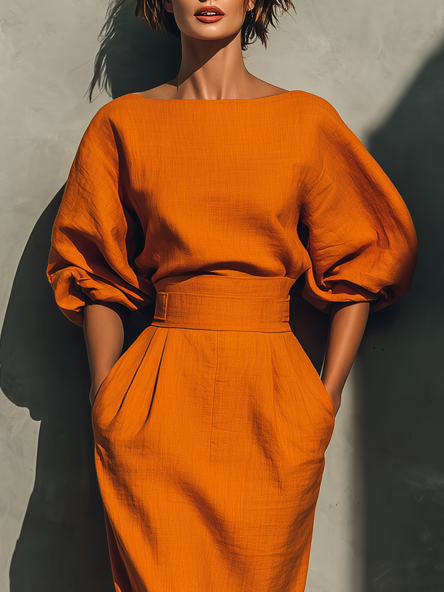 Ladies Orange Cotton-Linen Blend Vibrant Midi Skirt Set