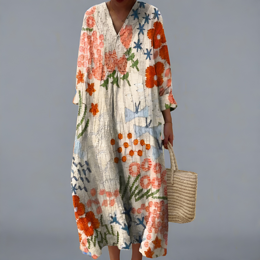 Florevia – Botanical Print Cotton Midi Dress for Women