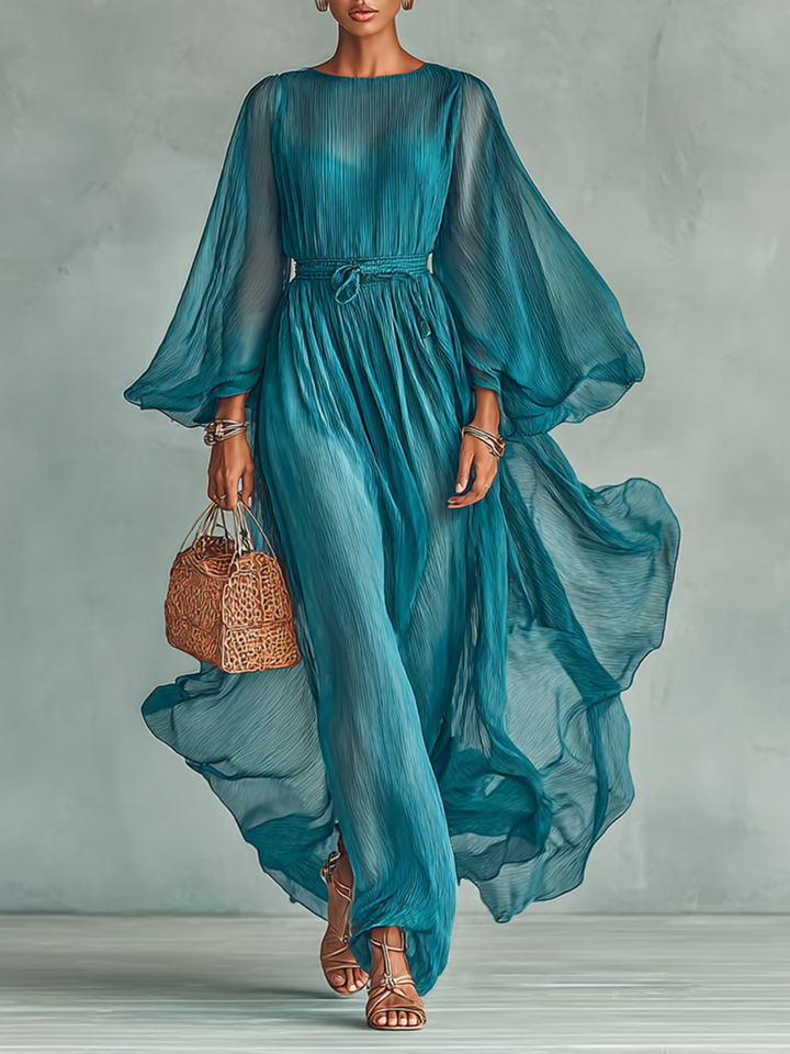 Women's Chiffon Round Neck Long Sleeve Waist Drawstring Maxi Dress