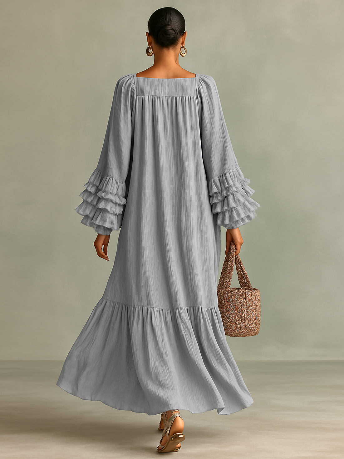 Women's Loose Pleated Chiffon Round Neck Long Sleeves Cuffs Ruffle Maxi Dress