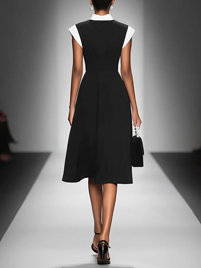 Women's Colorblock Square Neck Cap Shoulder Sleeve Waist Midi Dress