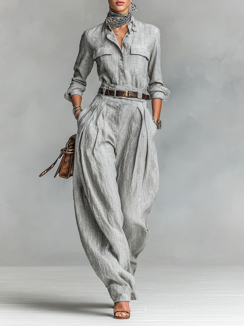 Women's Cotton-linen Blend Long-sleeved Shirt And Trousers Two-piece Set (belt Not Included)