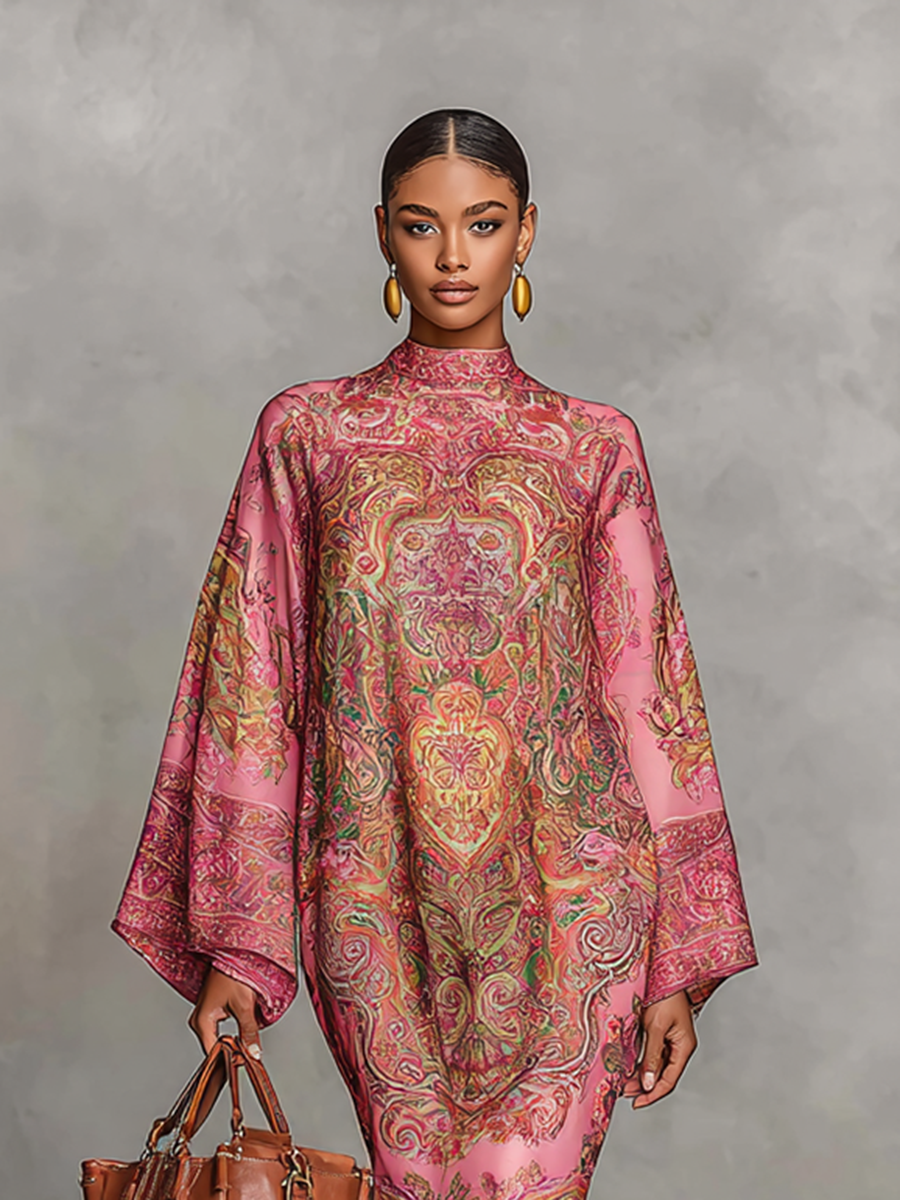 Women's Paisley Print Round Neck Trumpet Long Sleeve Loose Midi Dress