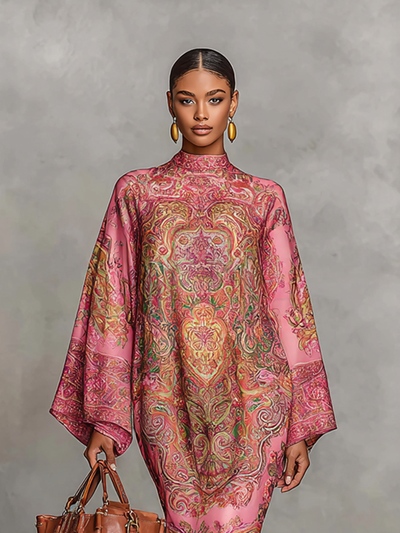 Women's Paisley Print Round Neck Trumpet Long Sleeve Loose Midi Dress