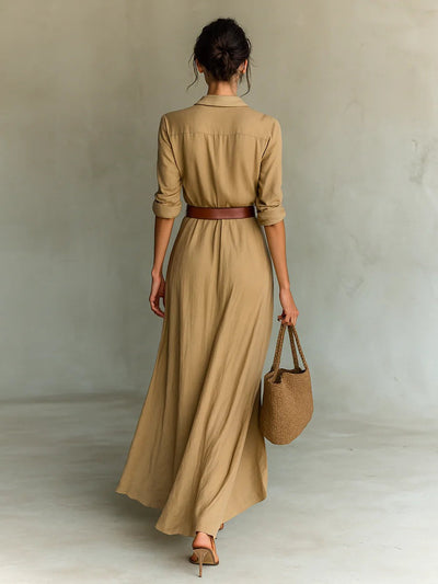 Isa | Long belted dress with long sleeves and lapels