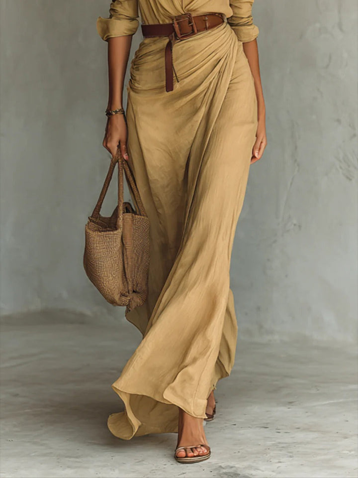 Isa | Long belted dress with long sleeves and lapels