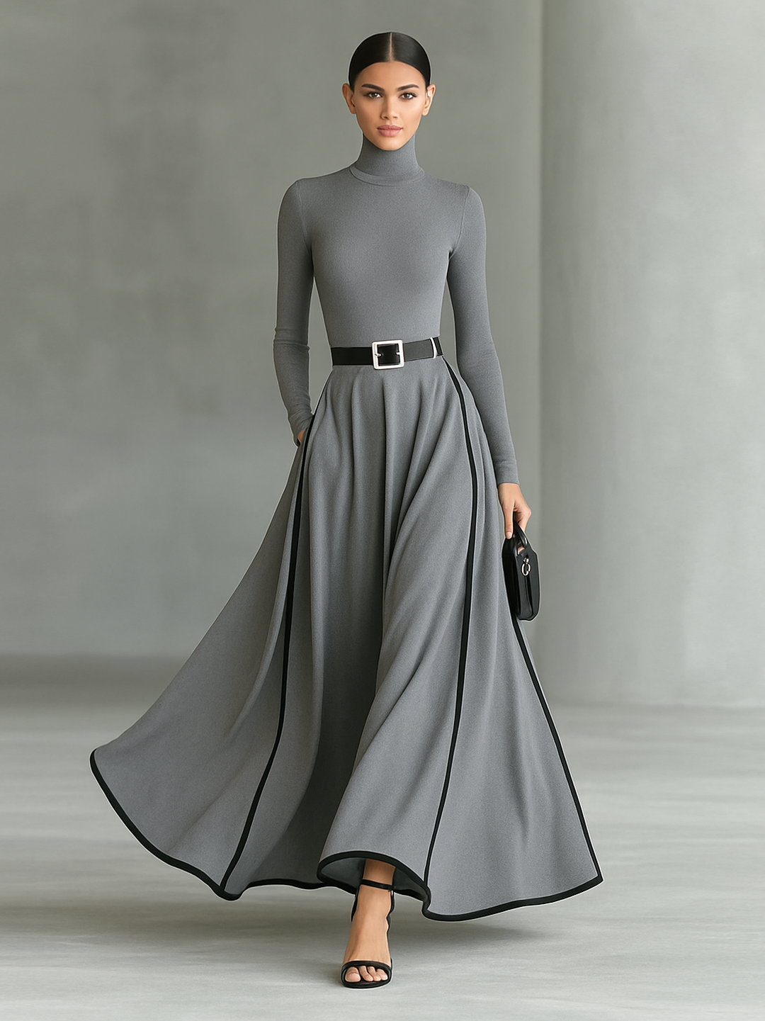 Women's Black Stitching White Trim High Collar Long Sleeve Tight Belt Maxi Dress