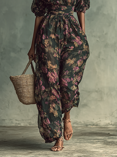 Women's Chiffon Floral Print Bandeau Short Sleeve Waist Jumpsuit