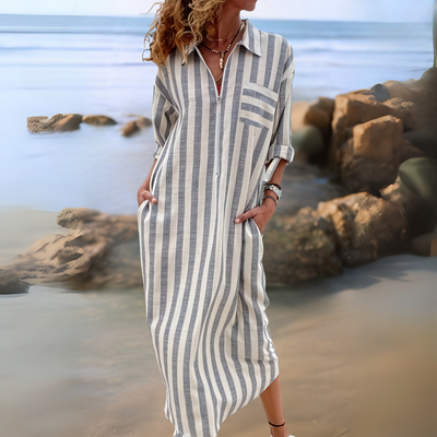 Joyce | Chic Cotton Dress with Stripes and V-Neckline