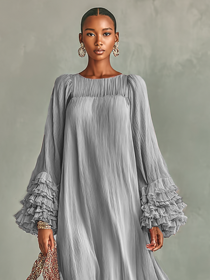 Women's Loose Pleated Chiffon Round Neck Long Sleeves Cuffs Ruffle Maxi Dress