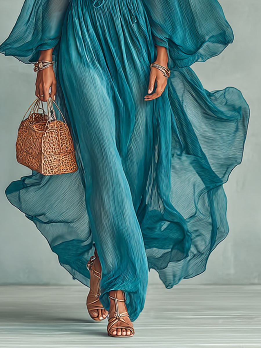 Women's Chiffon Round Neck Long Sleeve Waist Drawstring Maxi Dress
